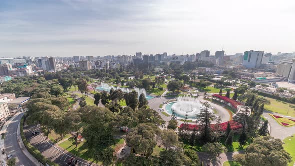 Aerial View to Park of the Reserve with Magic Water Circuit Biggest Fountain Complex Timelapse