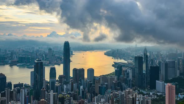 Hong Kong cityscape urban in morning scene, time-lapse of global business finance communication