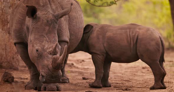 4K Baby rhino nursing from it's mother in the wild, in Zambia, Africa.