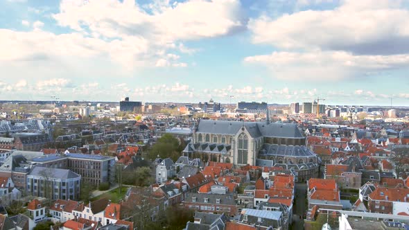 Aerial shot of the historical city centre of Leiden, the Netherlands, with the Pieterskerk, Rapenbur