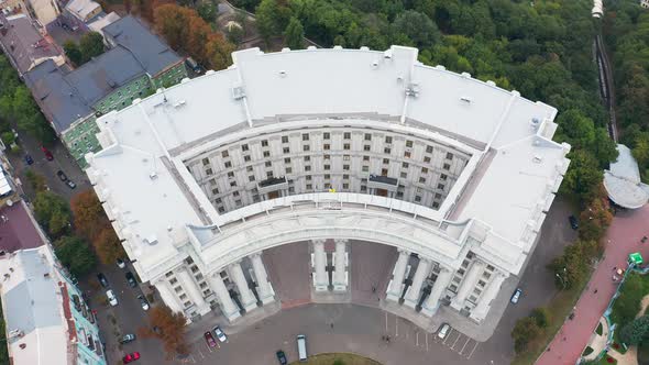 Building of the Ministry of Foreign Affairs of Ukraine with a Waving Flag on Top. Top View. Overall