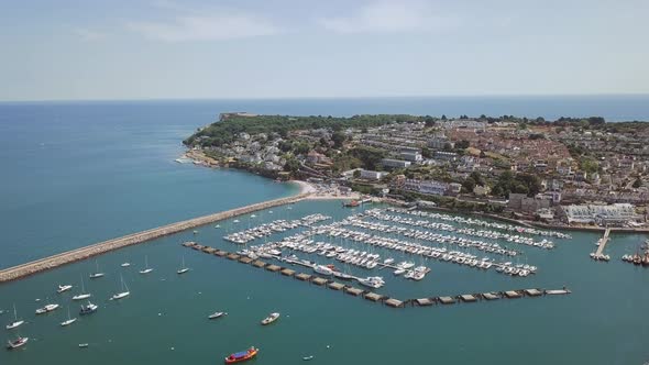 Overhead view of English harbour. Southwest UK harbour filled with boats. Brixham harbour.