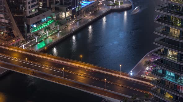 Waterfront Promenade in Dubai Marina Aerial Night Timelapse