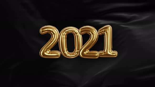 Inscription 2021 From Golden Balloons on a Wave Black Satin Fabric