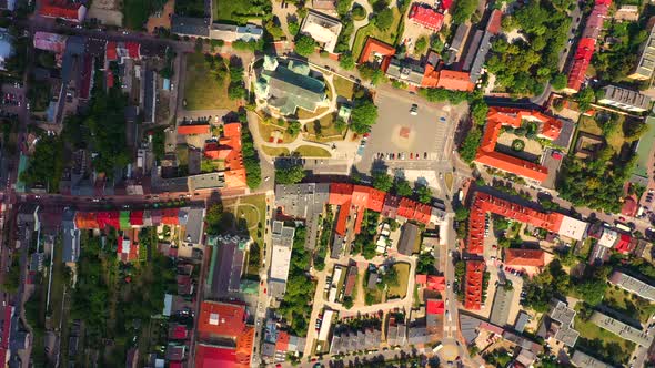 Landscape of the old town from the air with the visible. View on historic buildings on the market. L