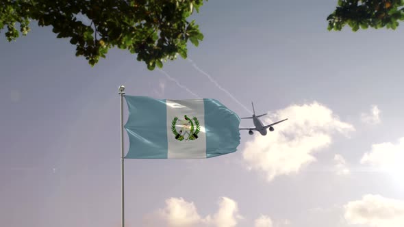 Guatemala Flag With Airplane And City -3D rendering