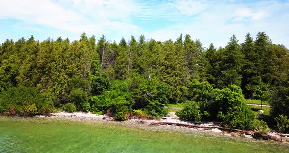 Aerial drone footage of the Lake Huron shoreline on the Bruce Peninsula, Ontario, Canada