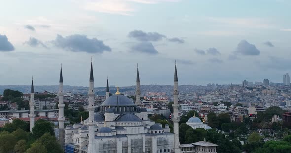 Establishing Orbiting Aerial Drone Shot of a Hagia Sophia Holy Grand Mosque with Bosphorus Bridge