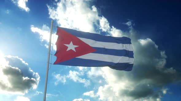 Flag of Cuba Waving at Wind Against Beautiful Blue Sky