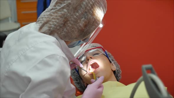 Woman Dentist Treating Teeth To Woman Patient in Clinic. Female Professional Doctor Stomatologist