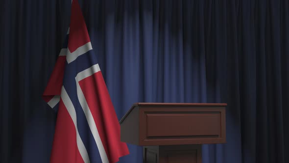 National Flag of Norway and Speaker Podium Tribune