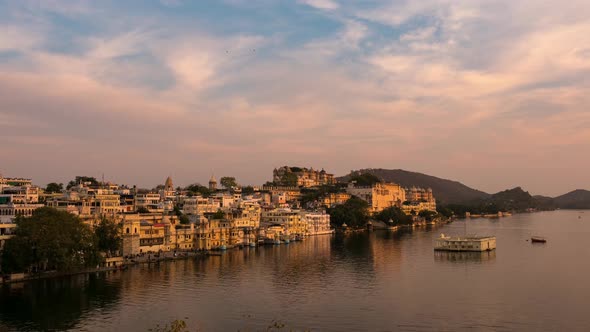Udaipur Rajasthan India. Time lapse at sunset. Travel destination and tourism landmarks.