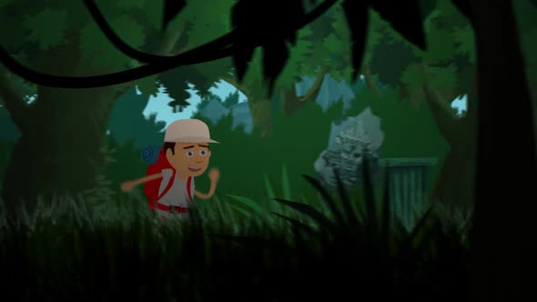 The creepy skeletons are chasing the tourist in the dense tropical rainforest.