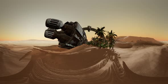 VR360 Old Rusted Alien Spaceship in Desert. Ufo