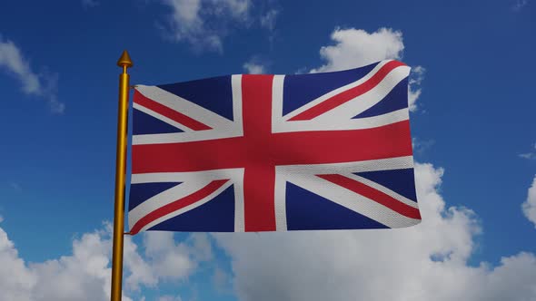 National flag of United Kingdom waving with flagpole and blue sky timelapse