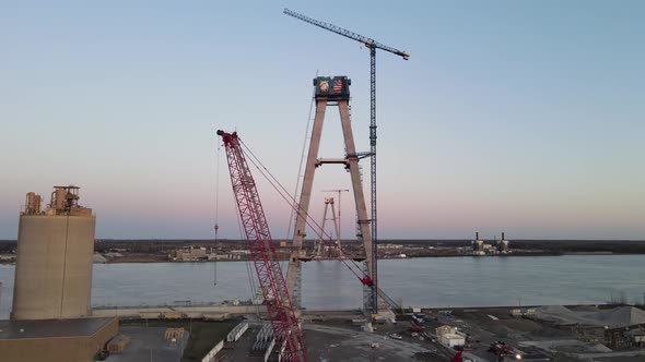 Panoramic shot of Both suspensions towers Gordie Howe Brigde in line, American side, Detroit, Michig