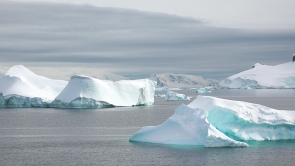 Icebergs and glaciers in Antarctica. Climate changes video. Blue iceberg floats in open ocean.