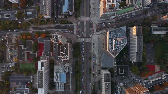 Aerial Birds Eye Overhead Top Down Descending Footage of Road Intersection in Town