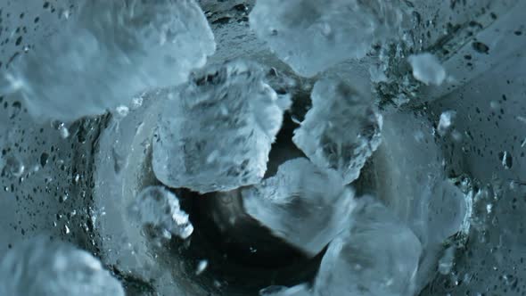 Ice Cubes Falling Blender Closeup