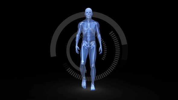 Blue digital human walking on a dark background 
