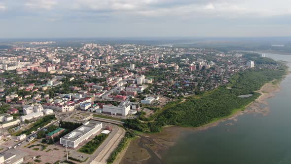 Aerial view of Tomsk city and Tom river. Summer in Siberia, Russia