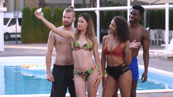 Multiracial Friends Posing for Selfie Near Pool