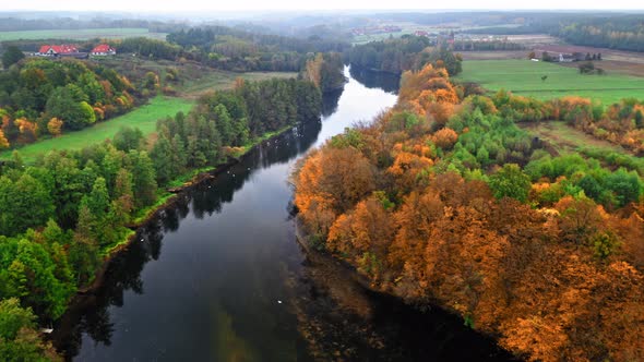 Aerial view of river at autumn in Poland