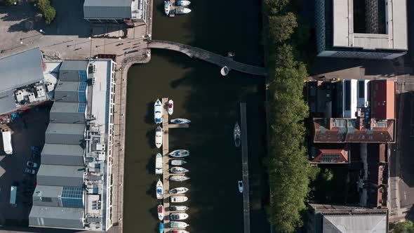 Top down Drone shot over old city central Bristol docks