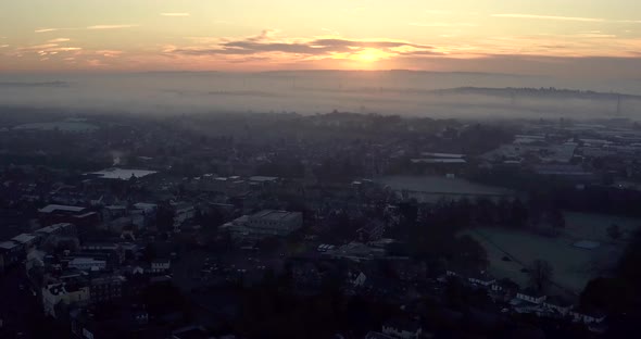 Aerial view of a sunrise over the town of Leighton Buzzard, in the UK