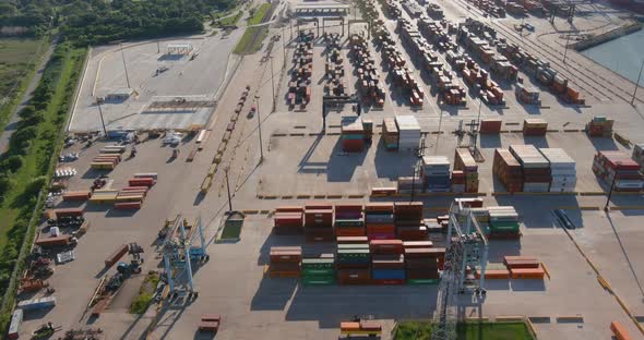 Aerial establishing shot of large shipping port in La Porte, Texas