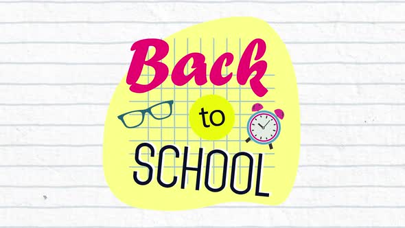 Animation of Back to School written in pink and black on a yellow form on white background