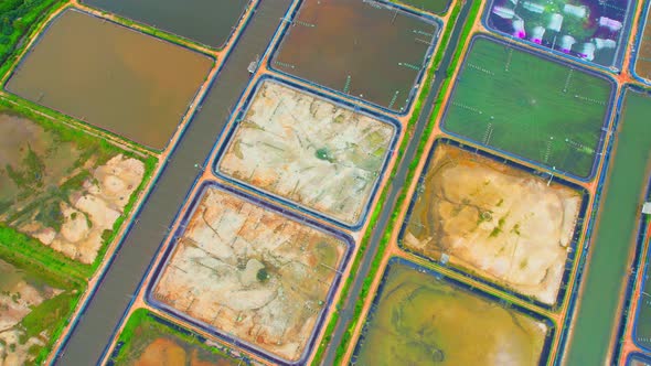 An aerial view over a drone flying over a large shrimp farm