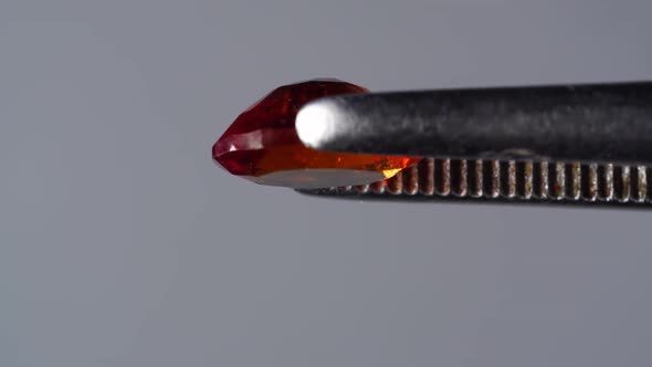 Natural Hessonite Brown Garnet Gemstone in the Tweezer on the Turn Table