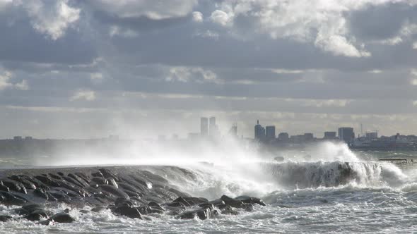 Water Cascade from Waves Hitting the Pier
