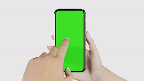 Smartphone with chromakey screen in hand. Finger touches empty display of mobile phone.
