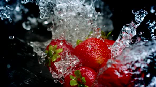 Strawberry Fruit Creating Beautiful Splash with Water Flows Isolated on Black