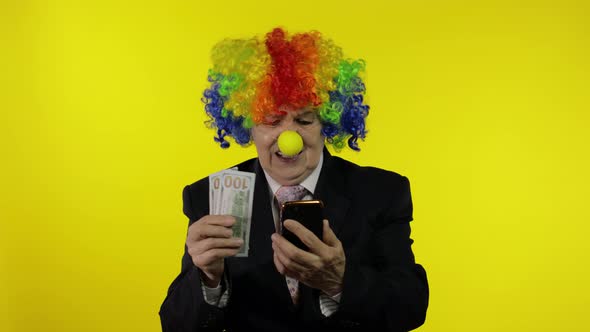 Senior Clown Businesswoman Entrepreneur Loses Money on Online Smartphone Working