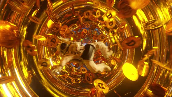 Falling Astronaut in Outer Space Surrounded By Flying Dogecoins