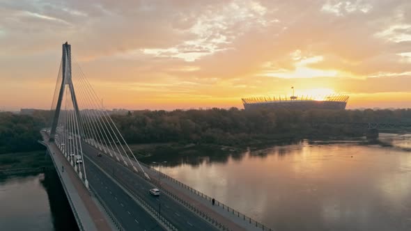 Amazing Aerial Shot of Warsaw Cityscape, Poland. Bridge and National Stadium