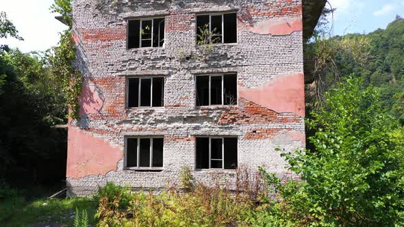 Ruined Lost Overgrown Mining Ghost Town Akarmara Consequences of War in Abkhazia Aerial View From