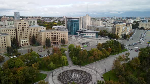 Aerial Freedom Square fountain Kharkiv, Ukraine