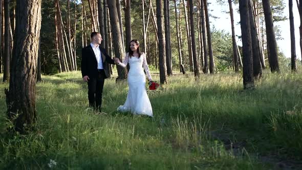 Groom and Bride in a park. wedding dress. Bridal wedding bouquet of flowers, love the groom