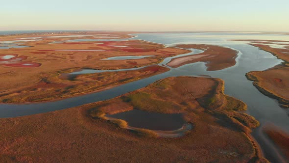 Aerial Drone View to Unusual Islands on Lake Sivash Ukraine