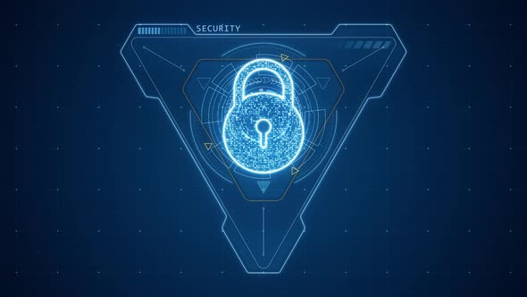 Blue Security key with triangle and circle rotation HUD technology interface abstract background alt