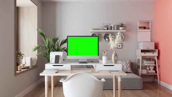 Home Office Interior With Study Desk, Blank Screen Monitor, Gray Sofa And Coral Color Wall. Working 