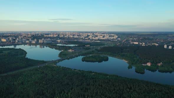 Top View Drozdowski and Zaslavskoe Reservoir and the Ring Road in Minsk at Dawn