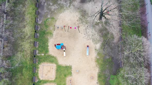 High Angle Aerial View, Empty Deserted Children Playground During Covid-19 Virus Outbreak and City L