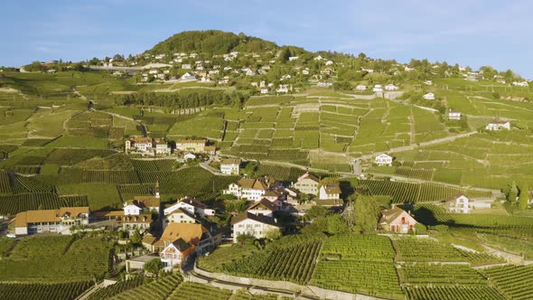 Aerial orbiting and closing-in Aran village in Lavaux vineyard - Switzerland