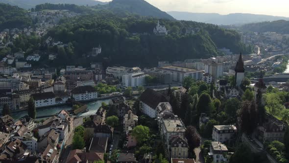 Drone approaching Gutsch hill in Lucerne, Switzerland