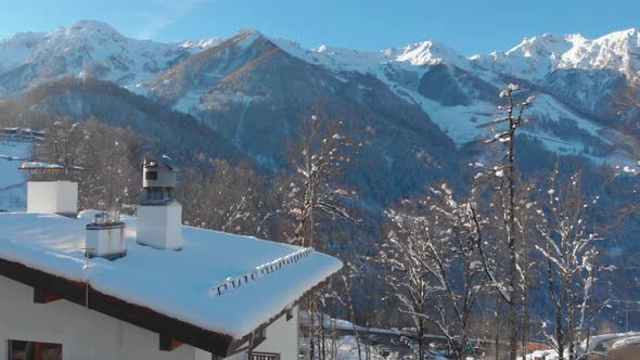 From the Air the Drone Takes Pictures of the Snowy Winter Carpathians Covered with Mixed Forest and